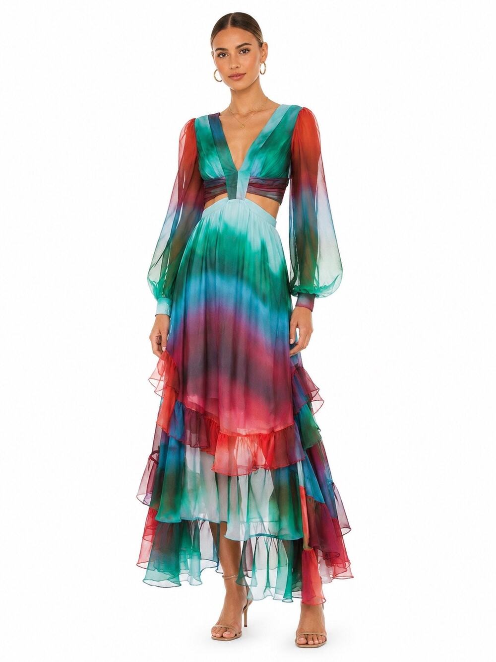 Patbo Sunset Ruffle Layered Signature Cut Out Maxi Dress